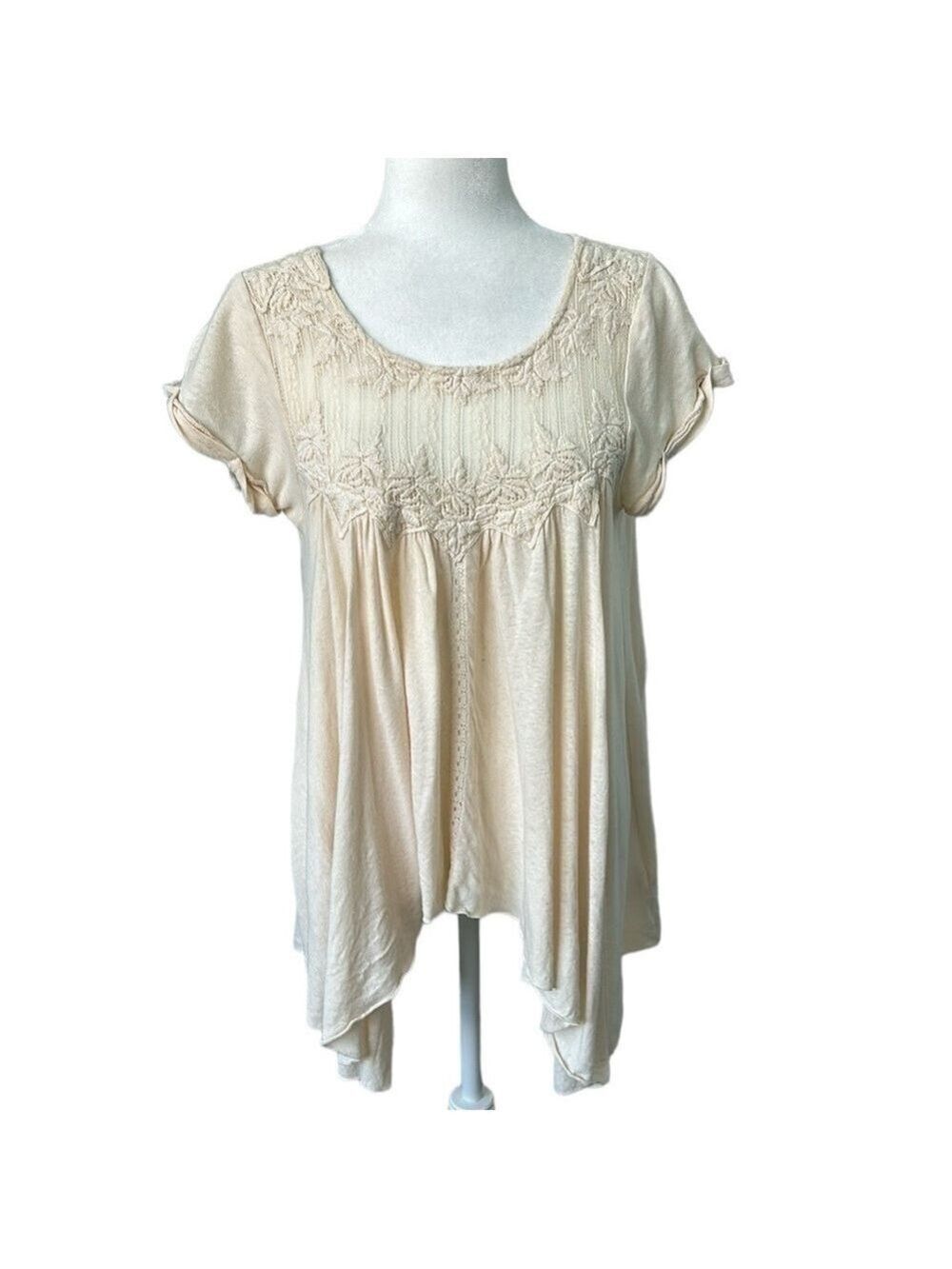 Free People Flowy Knit Boho Style Linen Blend Cream Top Oversized XS